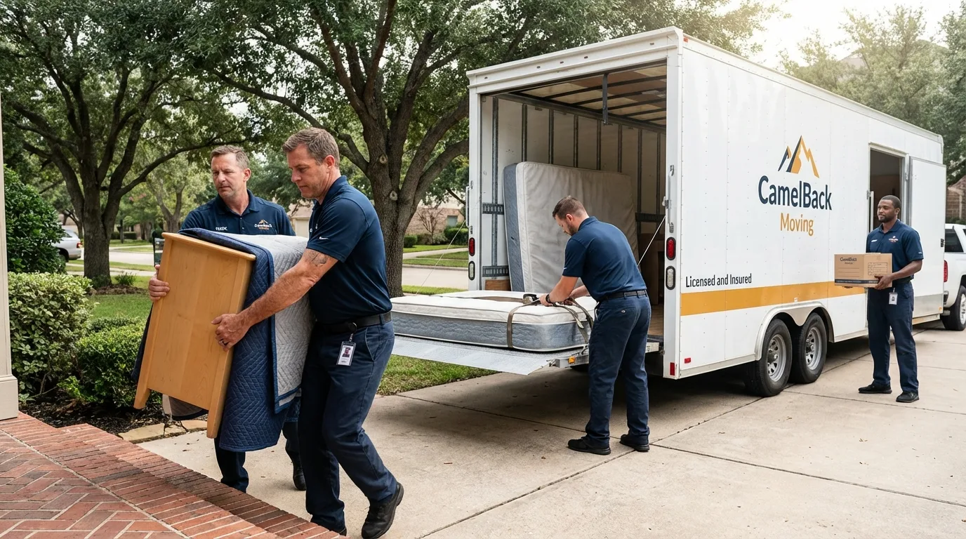 Crew loading residential truck for cross-state move from Tell City, IN