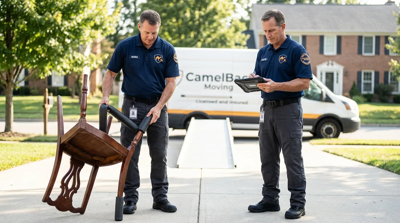Movers inspecting furniture for damage prevention before loading in Tell City, IN