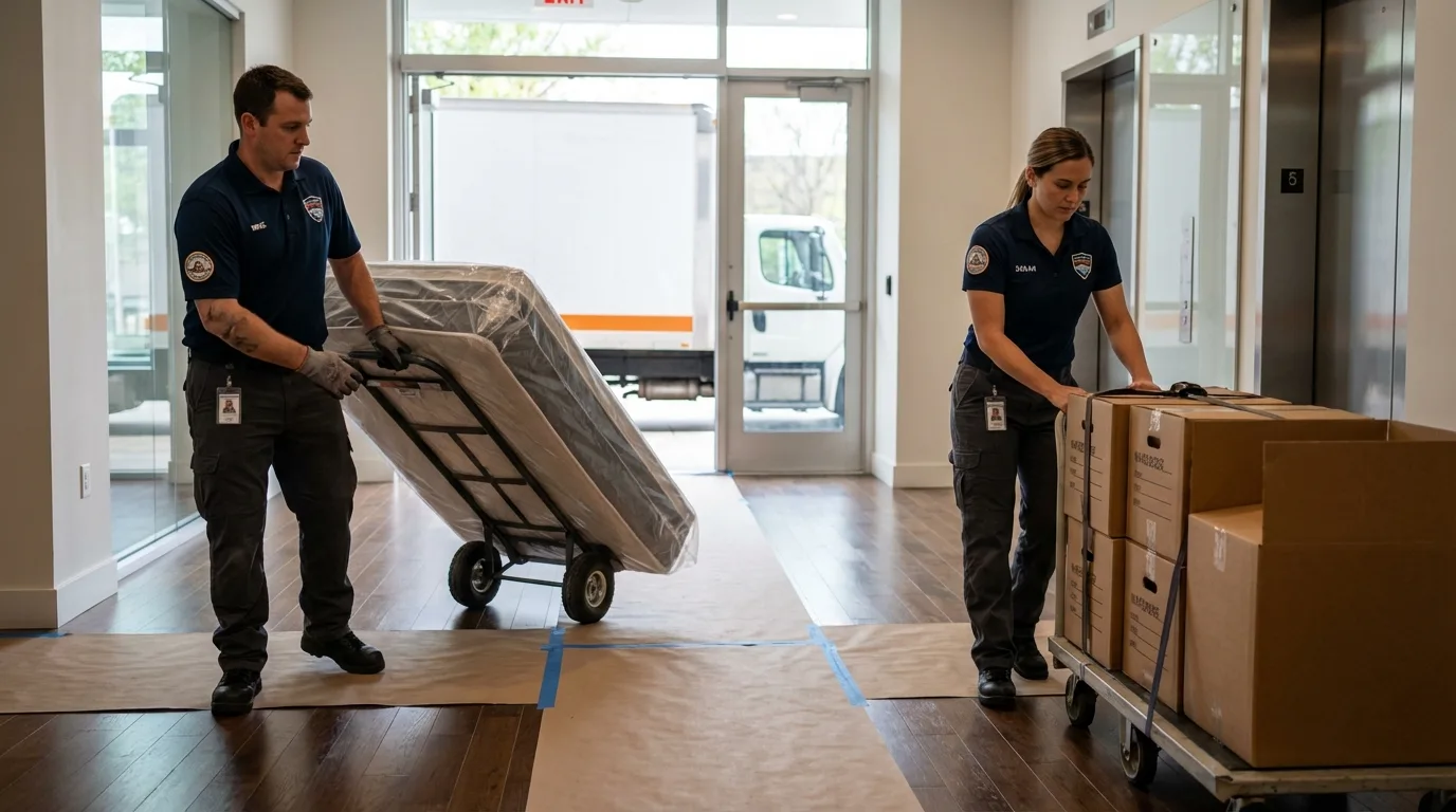Professional apartment movers loading elevator in Tell City, IN